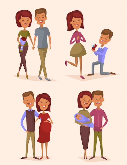 Vector happy young family couple set