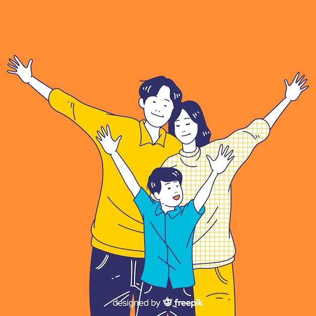 Giovane famiglia felice nello stile coreano del disegno