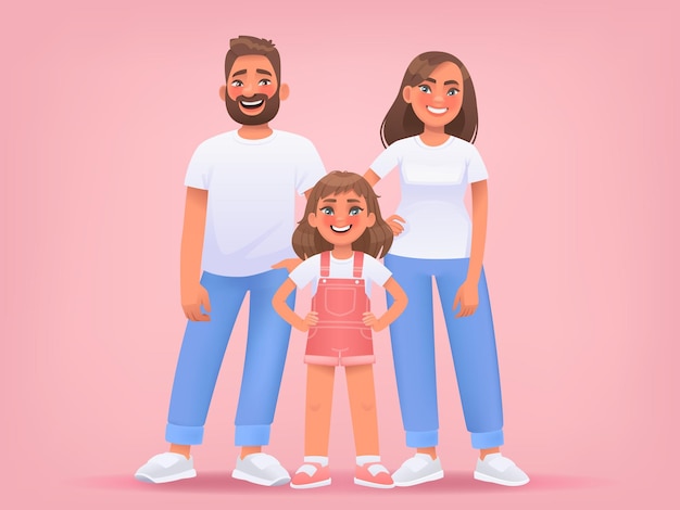 Happy young family on a pink background mom dad and daughter pose together in full growth