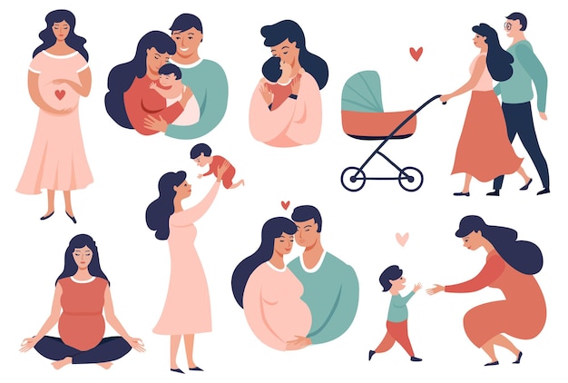 Happy young family set pregnancy and maternity  concept illustration