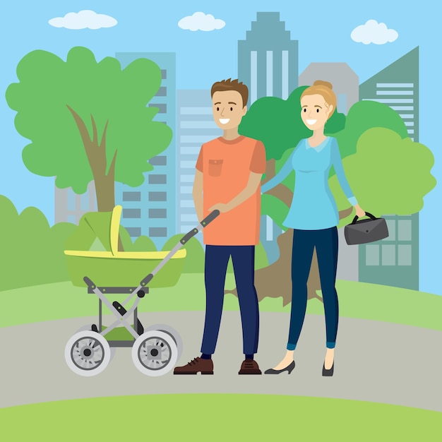 Happy young family with baby carriage walking in park vector illustration