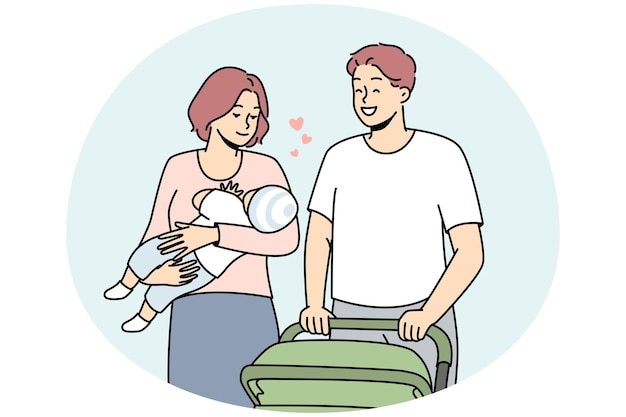 Felice giovane famiglia con bambino che cammina con passeggino all'aperto genitori sorridenti con bambino in mano che si godono la passeggiata fuori illustrazione vettoriale