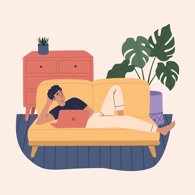 Happy young freelance man lies on the sofa illustration