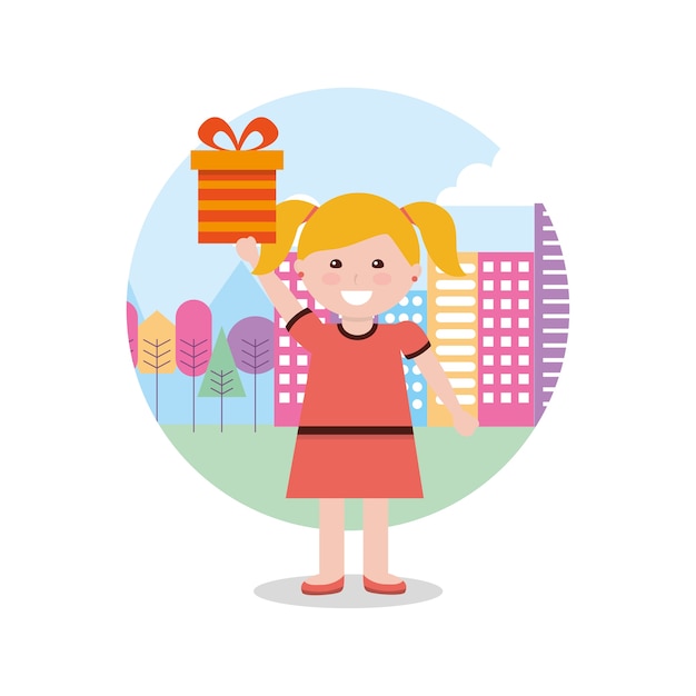 Счастливый молодая девушка держит подарочной коробке и город фоне векторных иллюстраций