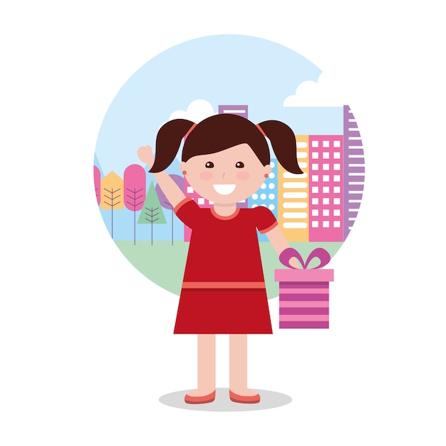 happy young girl holding gift box and city background vector illustration