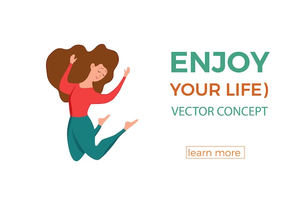 Happy young girl jumping. Cartoon concept of joyful laughing woman with raised hands. Flat