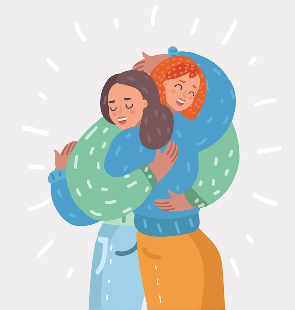 Vector happy young girls hug each other woman friendship