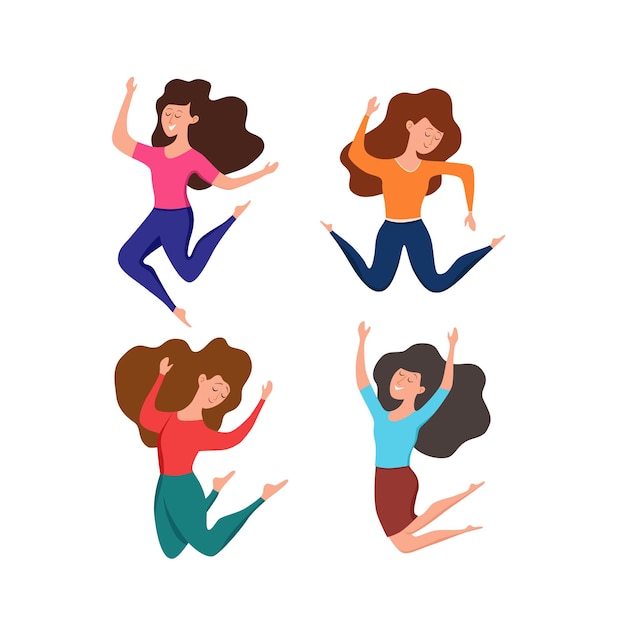 Happy young girls jumping in different poses. cartoon