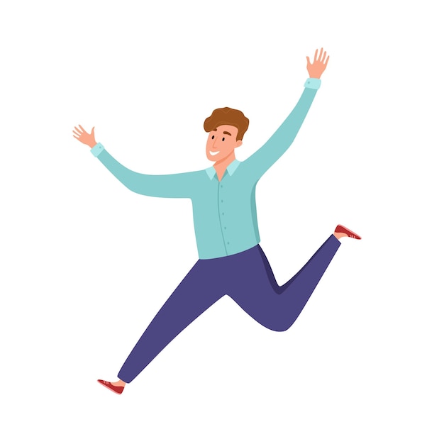 Happy young guy jumping in different poses vector illustration. Cartoon concept of joyful laughing man with raised hands. Flat positive boy lifestyle design for party, sport, dance, happiness, success