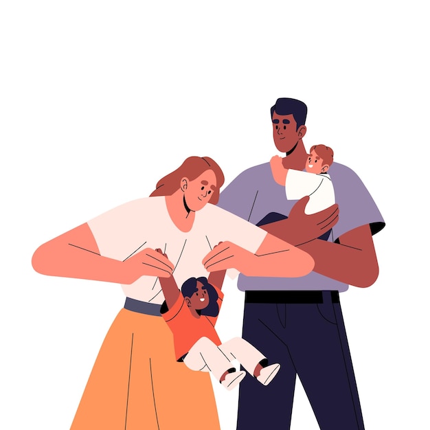 Vector happy young interracial family spends time together mother plays with child father holds kid parents love children people with son daughter flat isolated vector illustration on white background