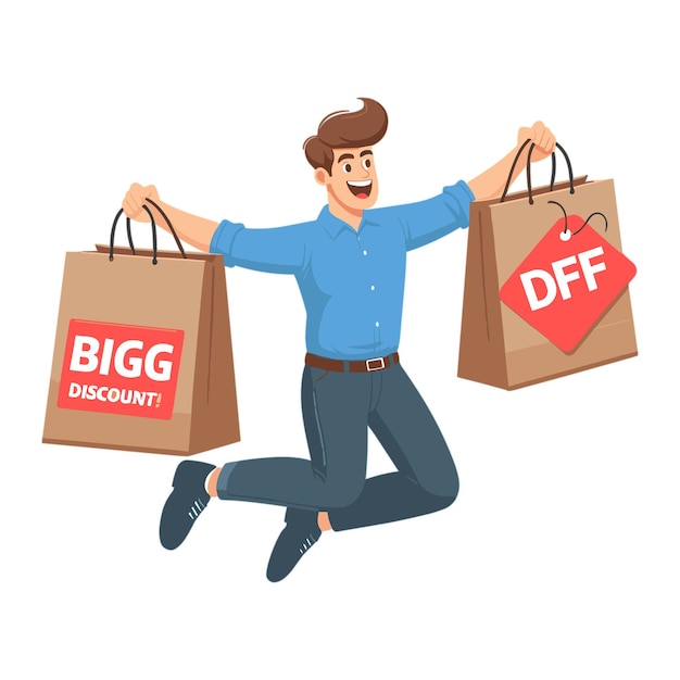 Happy Young jumping with shopping bags buying with big discount concept