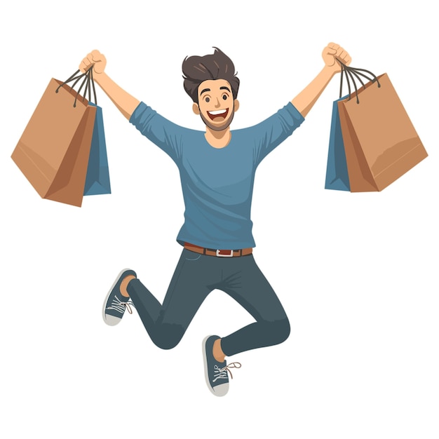 Happy young jumping with shopping bags buying with big discount concept