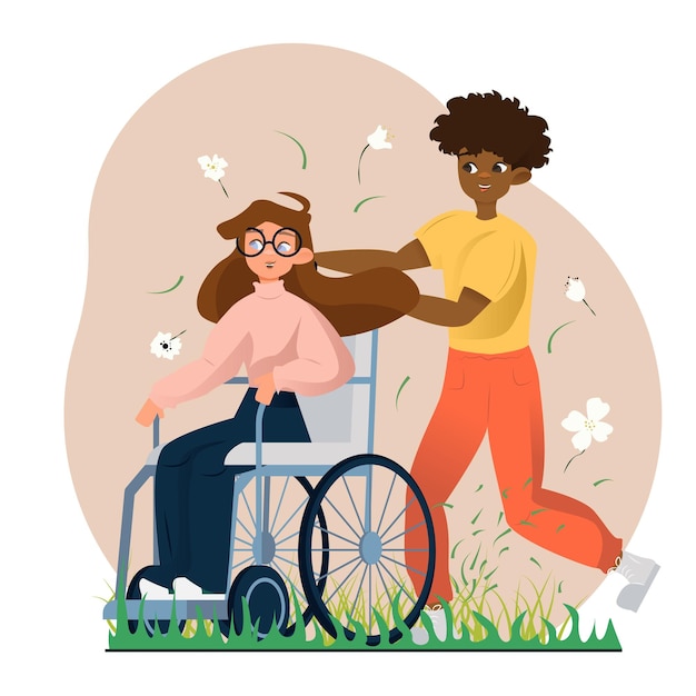 행복 한 젊은 아가씨 공원에서 휠체어에 여자 친구를 운반 외부 함께 걷는 친구