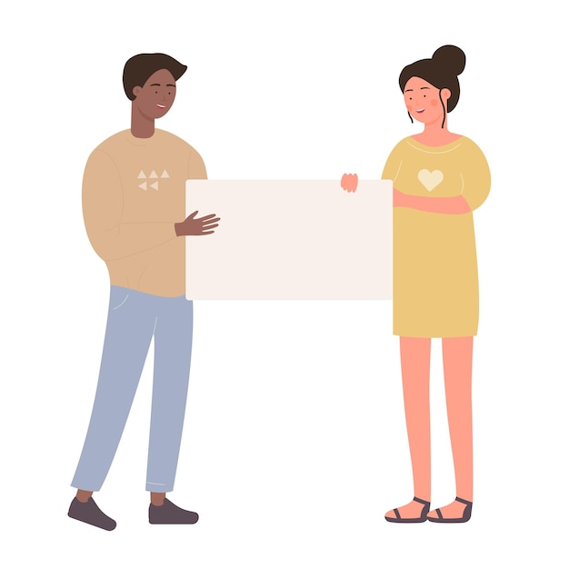 Vector happy young lovely couple holding a gift voucher