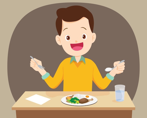 Happy young man enjoy eating foods for lunch meal People healthy lifestyle concept