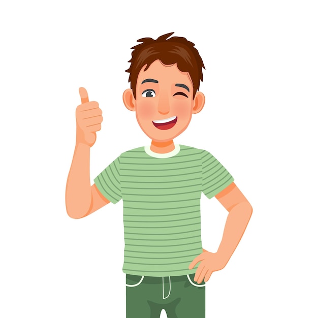 Vector happy young man giving thumb up and wink gesture sign of success victory and positive feedback