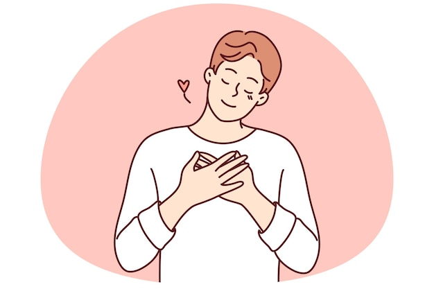 Vector happy young man hold hands on chest feeling grateful and thankful smiling guy show