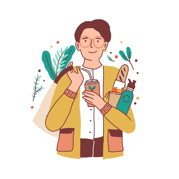 Счастливый молодой человек держит чашку и термос, неся сумку для покупок с овощами и багетом. концепция эко образа жизни. цветная плоская векторная иллюстрация современного парня на белом фоне.