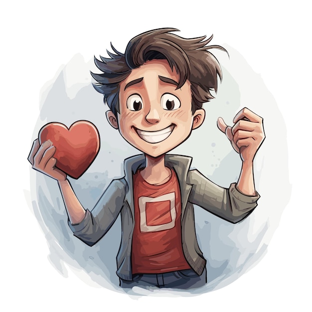 Vector happy young man holding a heart vector illustration
