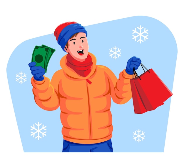 Счастливый молодой человек в зимней одежде с деньгами и сумками для покупок