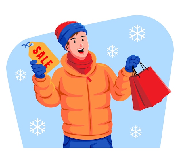 Вектор Счастливый молодой человек в зимней одежде с ярлыком продажи и сумками для покупок