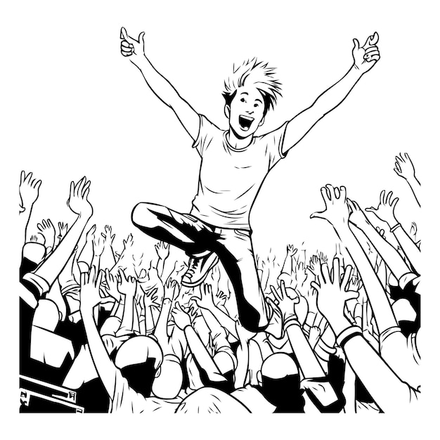 Happy young man jumping in a crowd of people Vector illustration