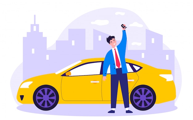 Vector happy young man leasing car   illustration