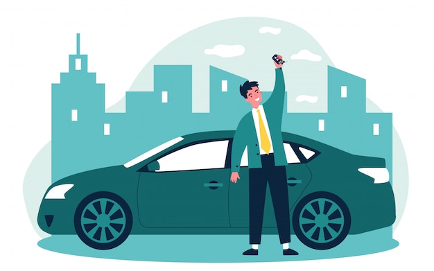 Vector happy young man leasing car   illustration