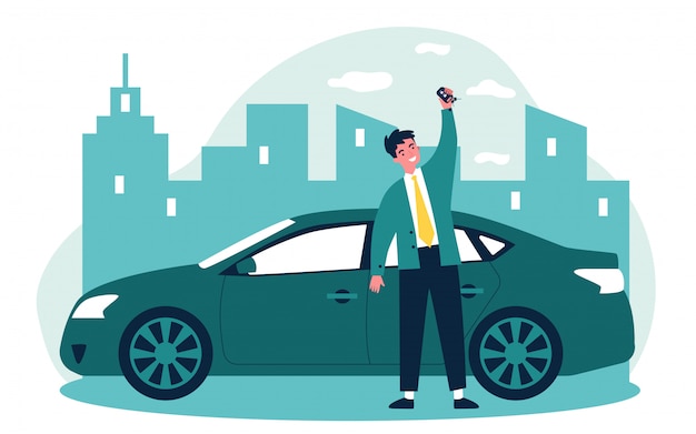 Happy young man leasing car   illustration