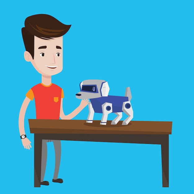 Happy young man playing with robotic dog.