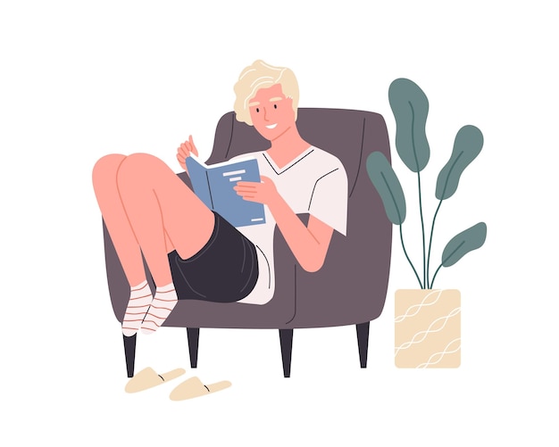 집에서 아늑한 의자에 앉아 책을 읽는 행복한 청년. 남성 독자는 문학을 즐기거나 공부하고 시험을 준비합니다. 다채로운 평면 벡터 일러스트 레이 션 흰색 배경에 고립입니다.