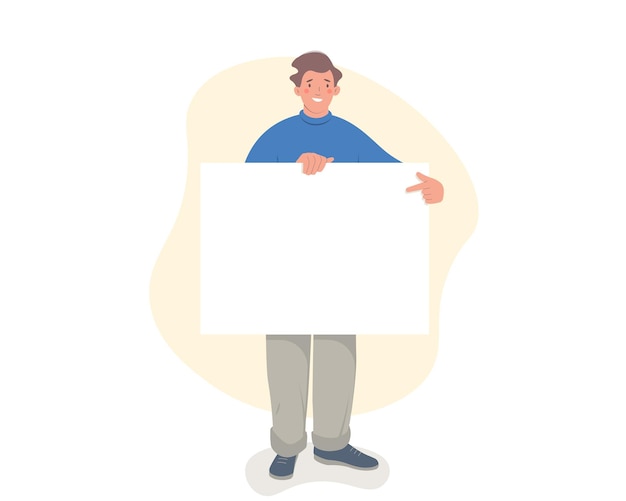 Vector happy young man showing and pointing blank poster as copy space