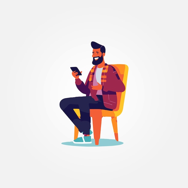 Vector happy young man sitting on cell phone