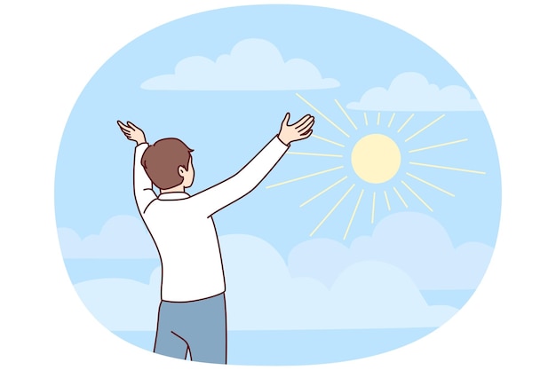 Vector happy young man stretch hands welcome sun in nature smiling female recovered