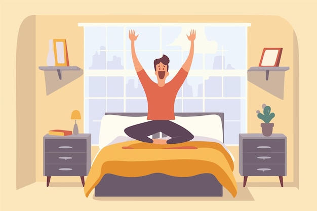 A happy young man stretches in his bedroom after waking up he is smiling and excited to start his day doing morning gymnastics in bed vector illustration