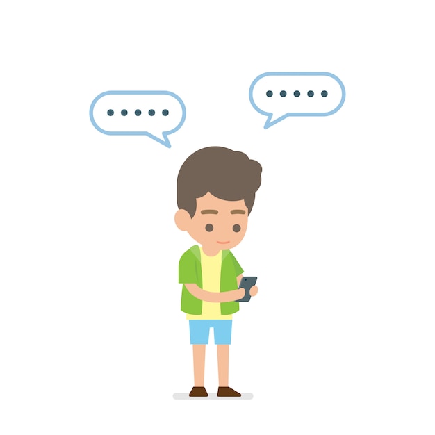 Vector happy young man using smartphone texting message