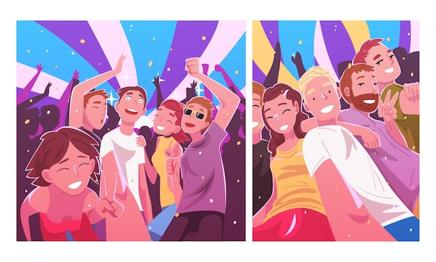 happy young man and woman having fun and dancing at nightclub or music festival looking in camera vector set