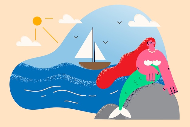 Vector happy young mermaid sit on stone in open sea, boat swim on background. smiling female siren relax on rock in ocean look in distance. marine life. cartoon character, flat vector illustration.