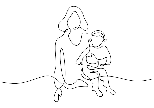 Happy young mom with her little child one line drawing