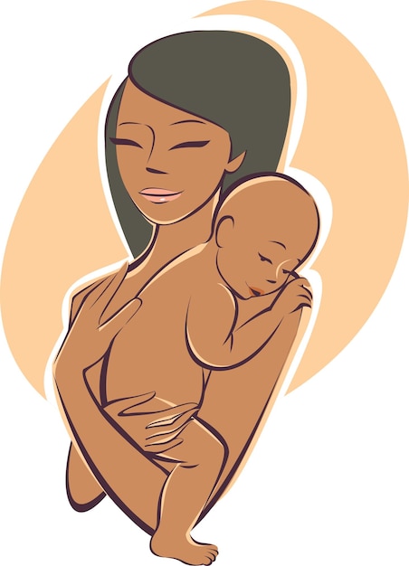 Vector happy young mother and her baby. linear vector sketch