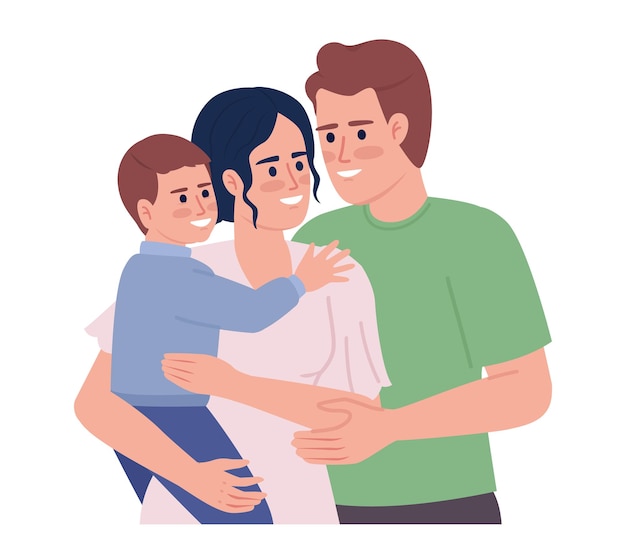 Happy young parents with small boy semi flat color vector characters