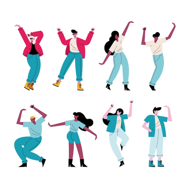 Vector happy young people dancing eight characters  illustration