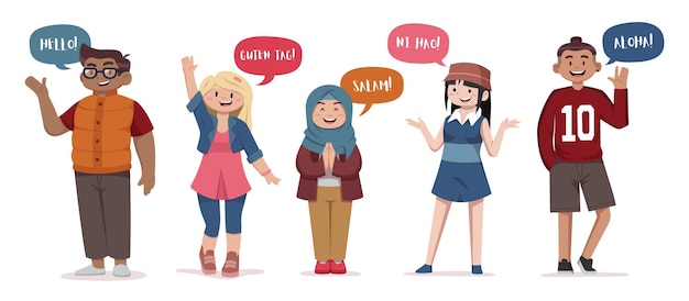 Giovani felici che salutano in diversi caratteri di illustrazione in lingua straniera