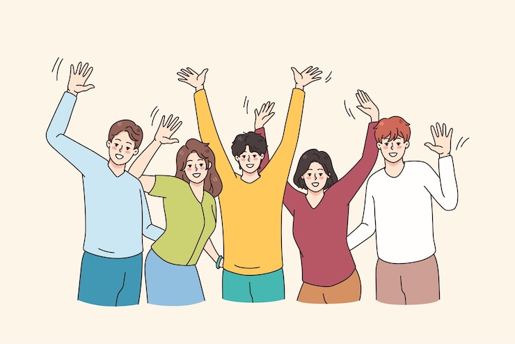 Vector 행복한 젊은이들이 손을 들고 함께 즐거운 시간을 보낸다
