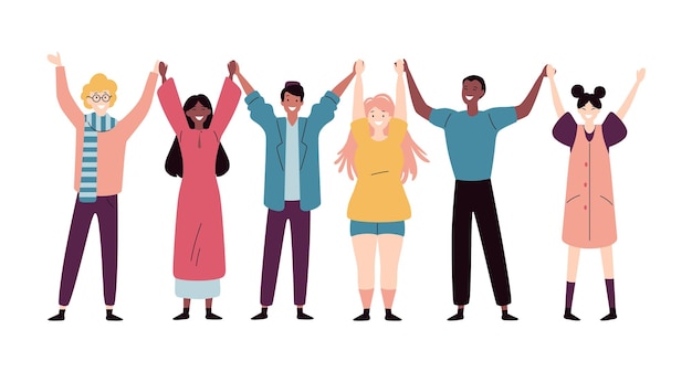 Vector happy young people standing together and holding hands