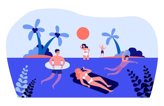 海で泳いでいる幸せな若者。太陽、水、ヤシの木のイラスト。バナー、ウェブサイトまたはランディングウェブページの夏の活動と休暇の概念
