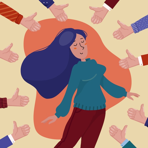 Vector happy young pretty woman surrounded by hands showing thumbs up gesture, concept of public approval, success, achievement, and positive feedback