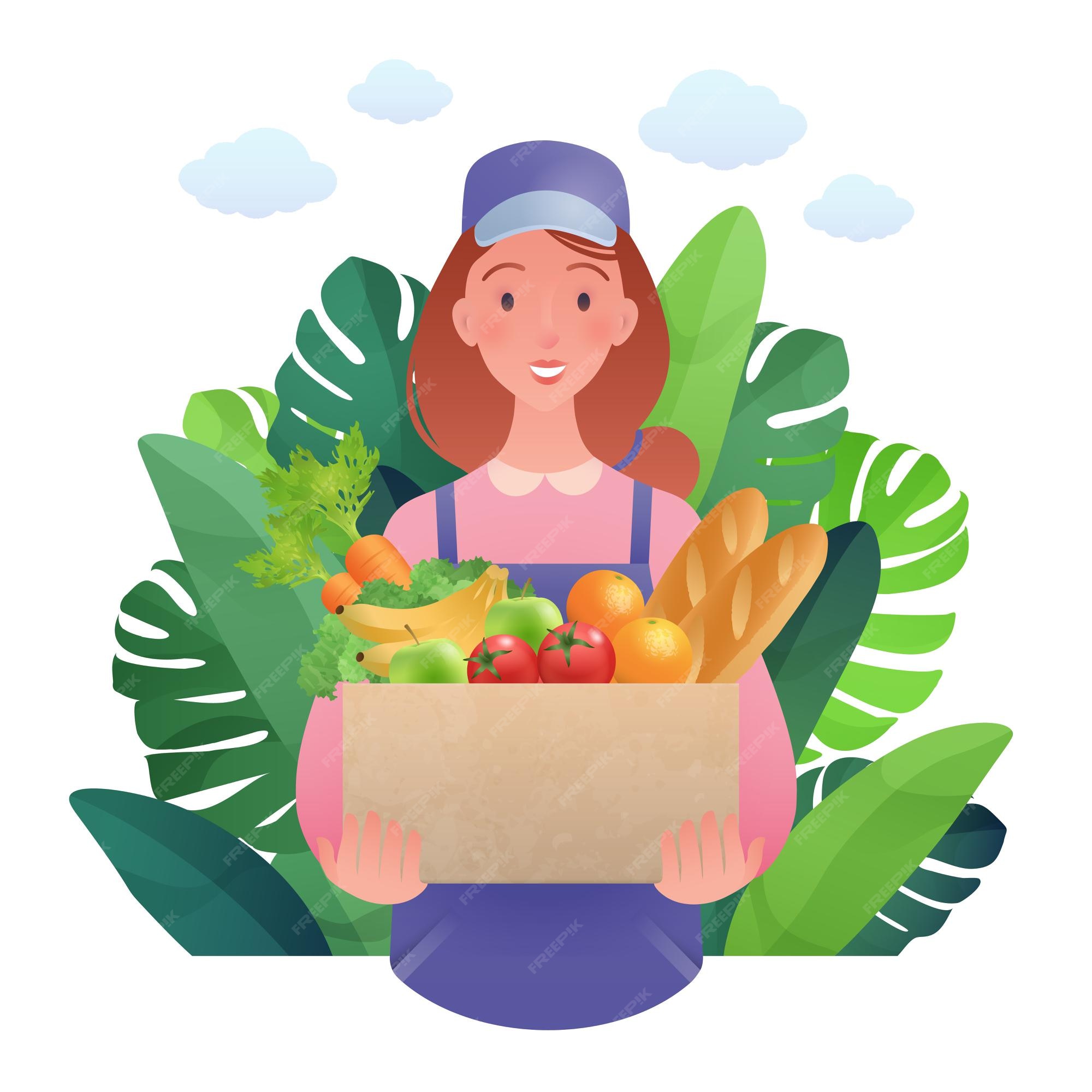 Premium Vector | Happy young woman carrying grocery items works at farmers market flat cartoon isolated on white background Premium Vector | Happy young woman carrying grocery items works at farmers market flat cartoon isolated on white background