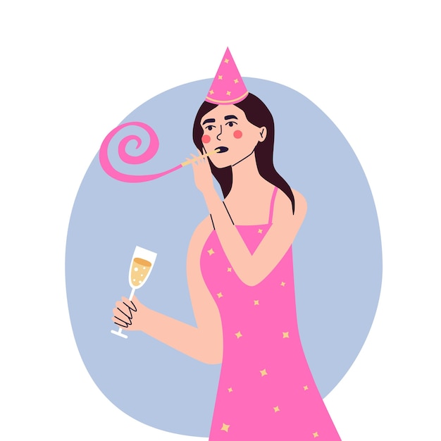 Happy young woman at celebration party Birthday or New Year eve Vector flat illustration isolated on a white background