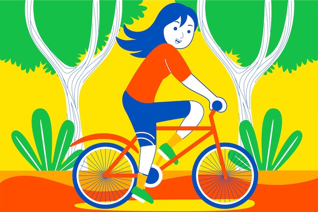 Vector happy young woman cycling at the garden